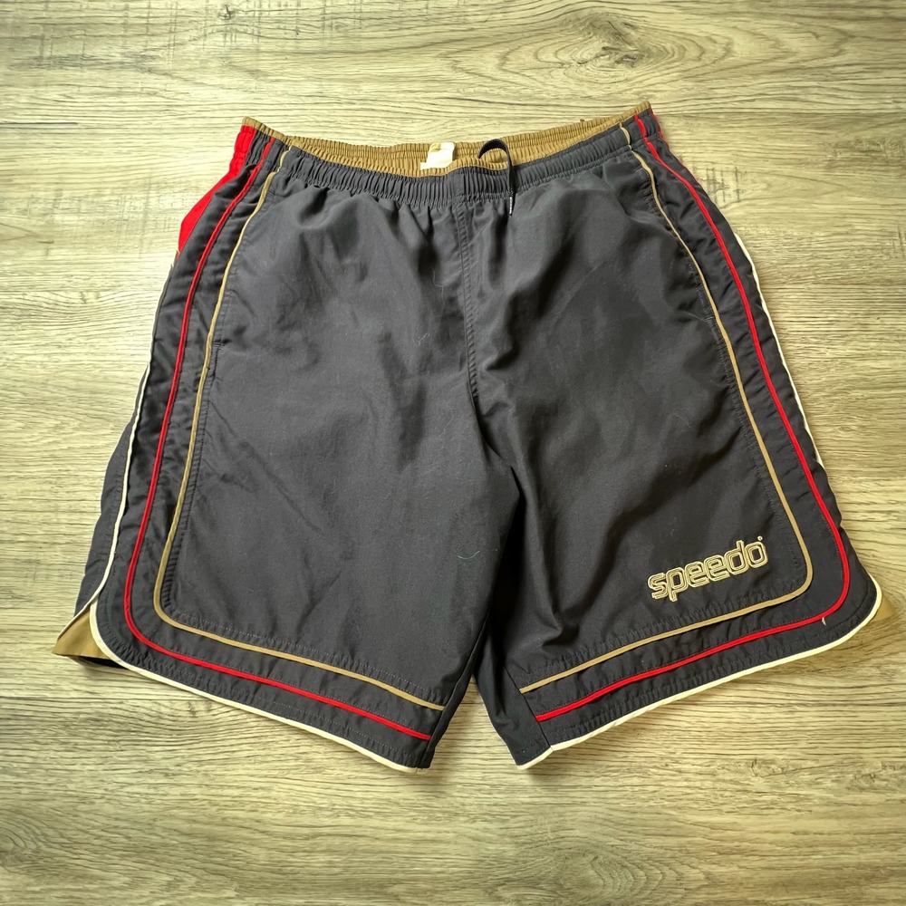 Speedo Swim Trunks Mens Medium Navy Blue Red Colorblock Mesh Lined Board Shorts